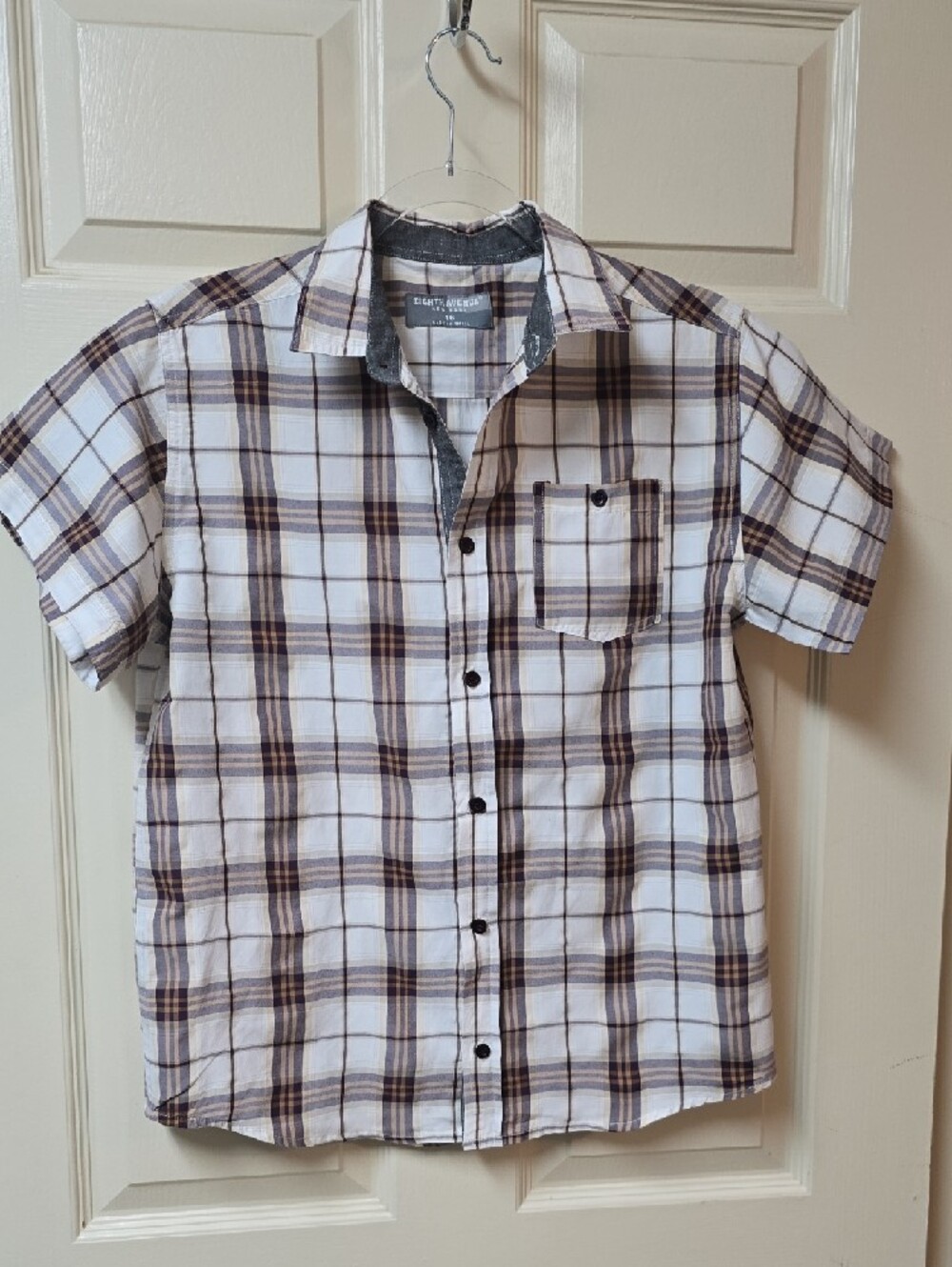 Eighth Avenue | Boy's |Short-Sleeve | Plaid | Button-Up | White & Brown| Size 16 - Picture 2 of 6